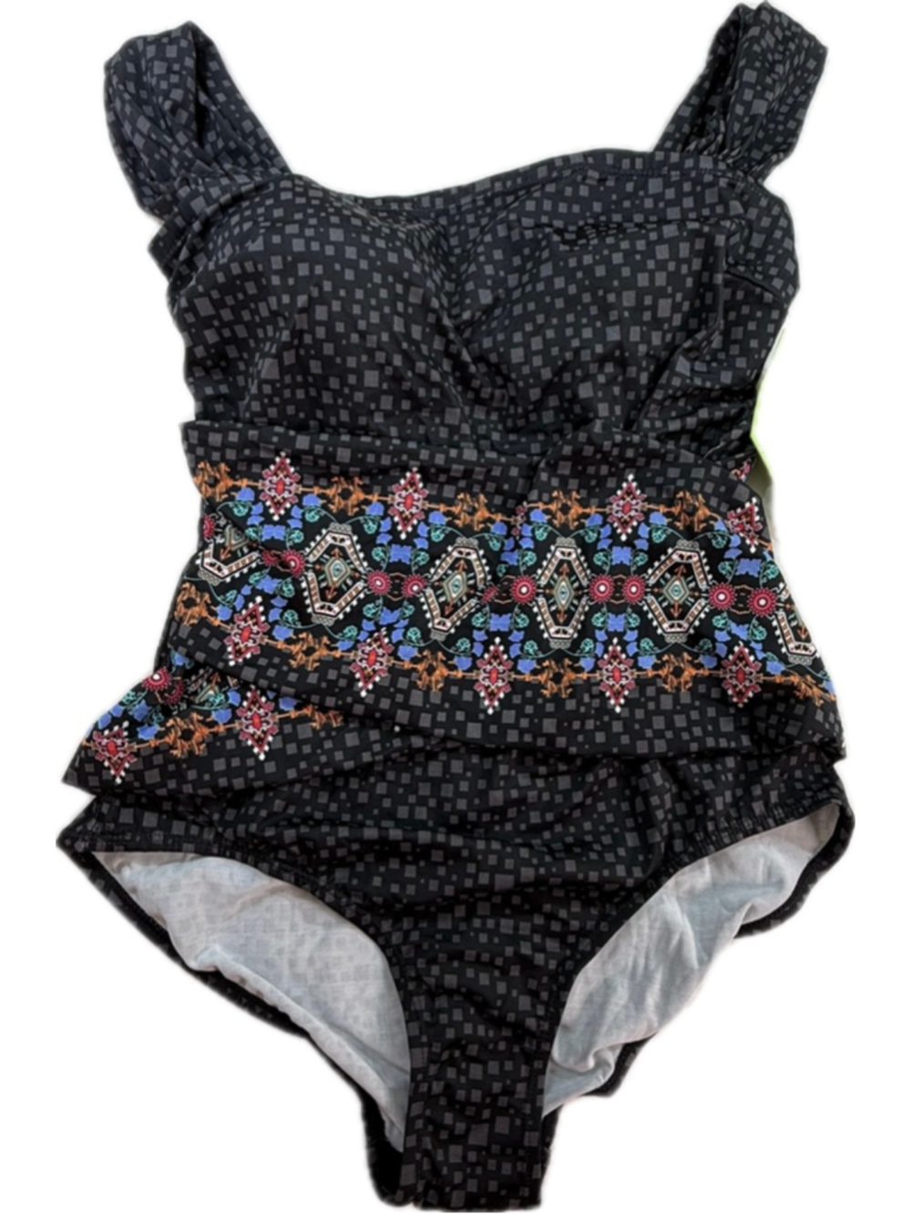 Fit 4U Women’s One Piece Swimsuit Size 12 Black Geometric Print Tummy Control